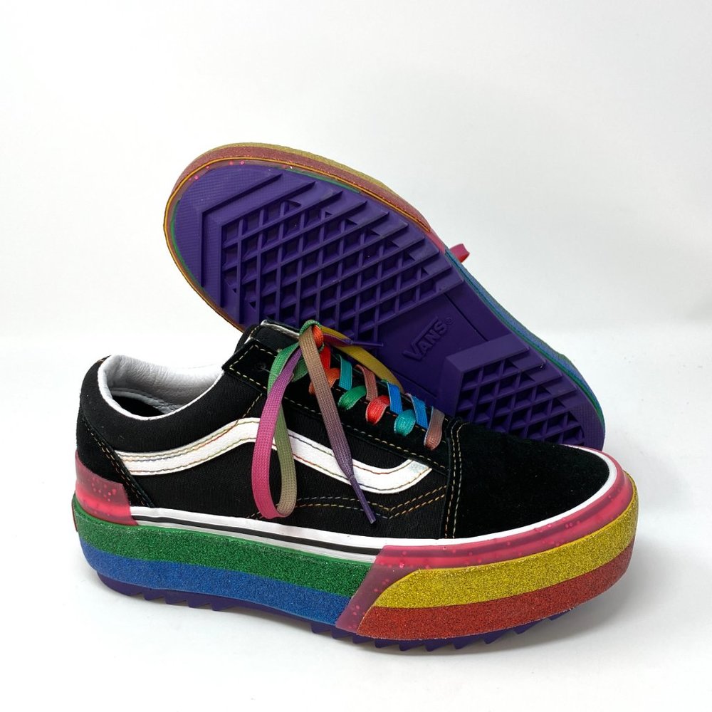 VANS Platform Old Skool Stacked Ripple Glitter Rainbow Black Women's VN0A4U15WW1 - Picture 5 of 11